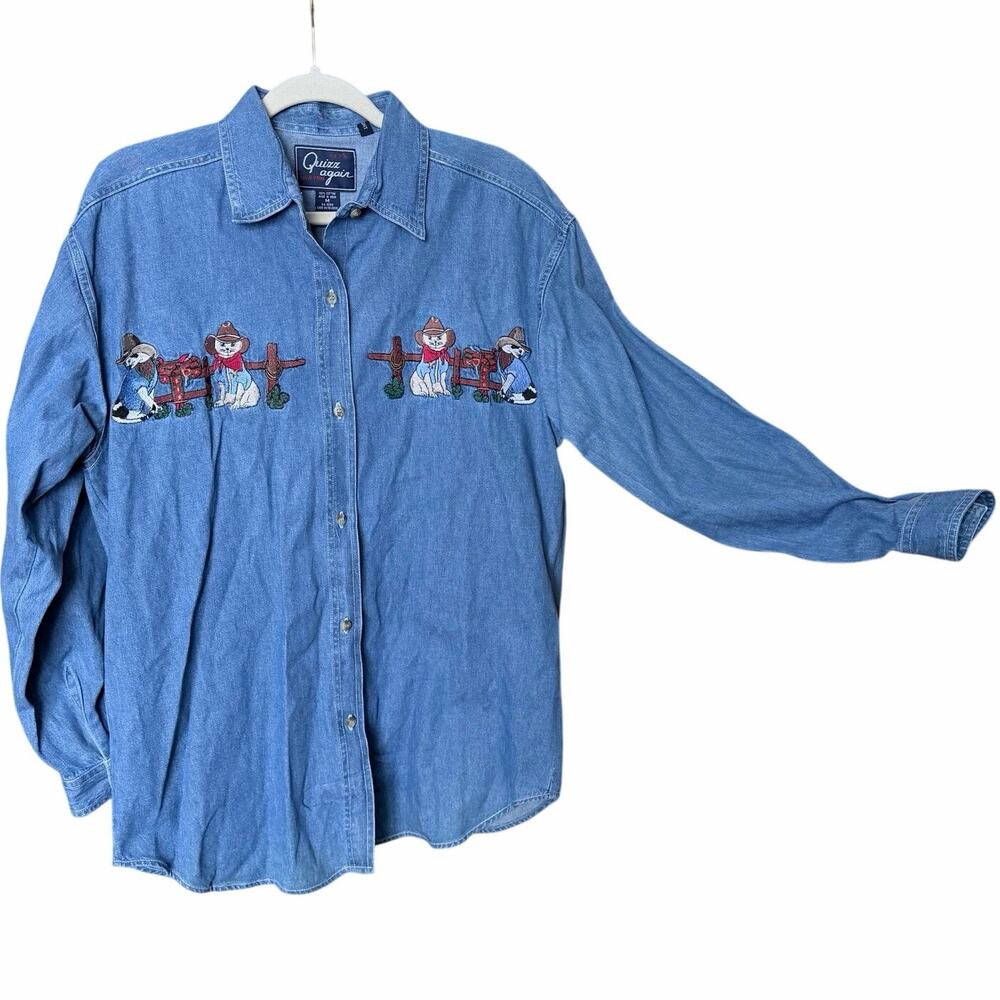 Vintage let’s quizz again cowboy cats denim button front cotton shirt medium 80s